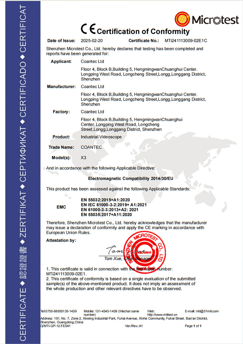 X3 Industrial endoscope CE Certificate